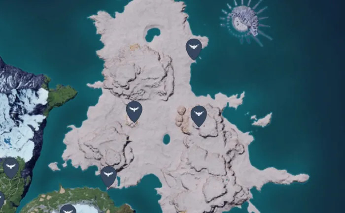 Great Eagle Statue locations on the Island biome in Palworld, highlighting the density of fast travel points for early game navigation.