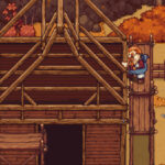 Animated scene of a character hammering at a workbench, showcasing the crafting aspect of Traveler's Rest.