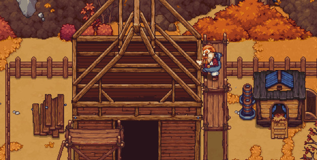 Animated scene of a character hammering at a workbench, showcasing the crafting aspect of Traveler's Rest.