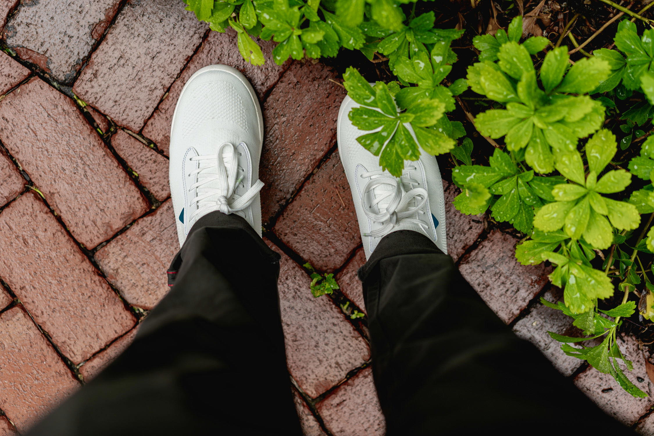 Close-up of Dan's white Vessi Weekend shoe, highlighting the waterproof material and design.