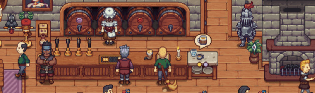 Animated gameplay scene from Traveler's Rest showing characters being served drinks at the bar.