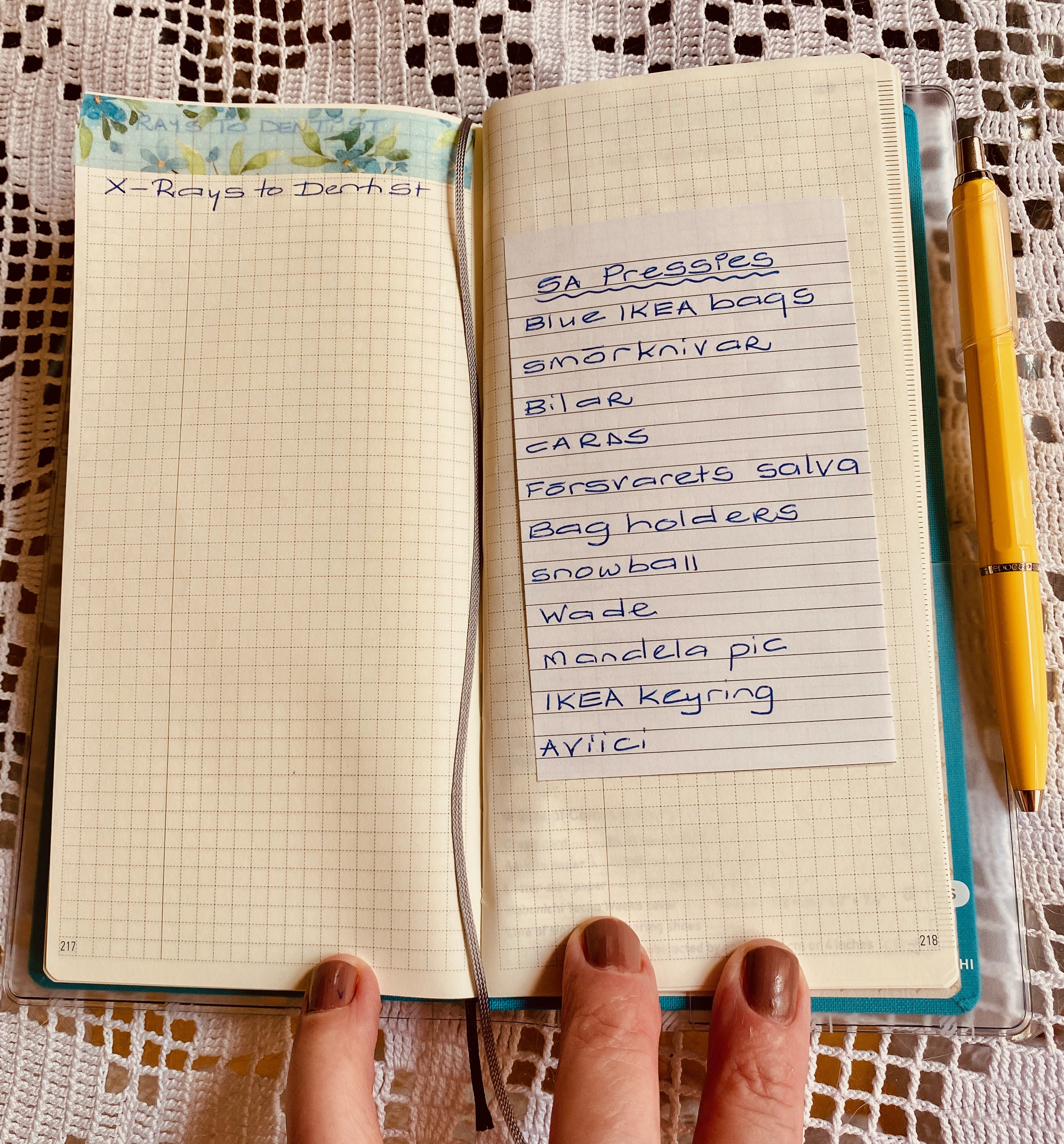 Image of Hobonichi Weeks Mega planner with various cards inserted in leather cover slots, highlighting its practicality for carrying essential travel documents.