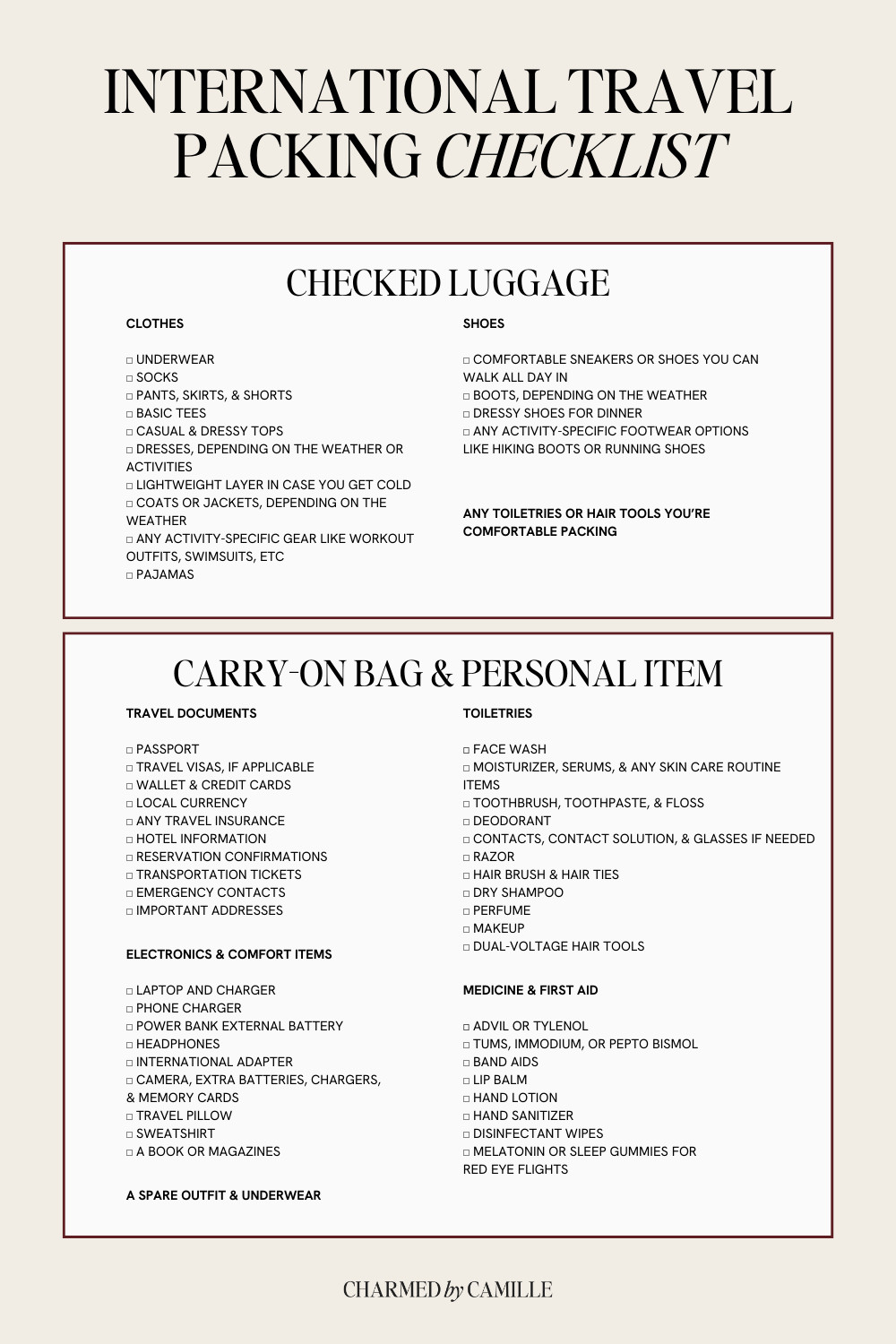 International Travel Packing List Checklist