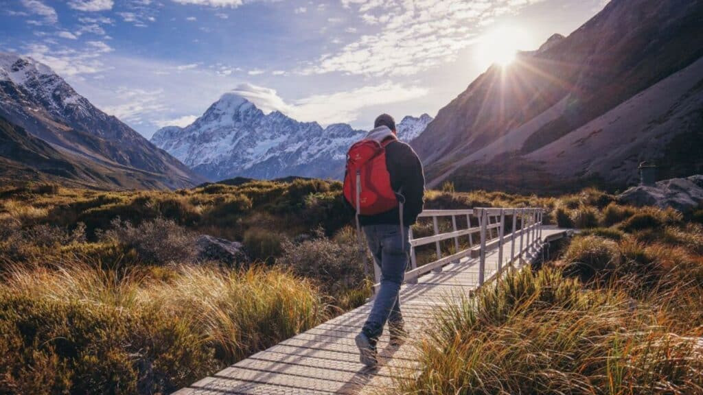 An intrepid solo traveler walking along a scenic nature path in New Zealand, mountains and sunlight in the background, representing the adventurous spirit of Intrepid Travel.