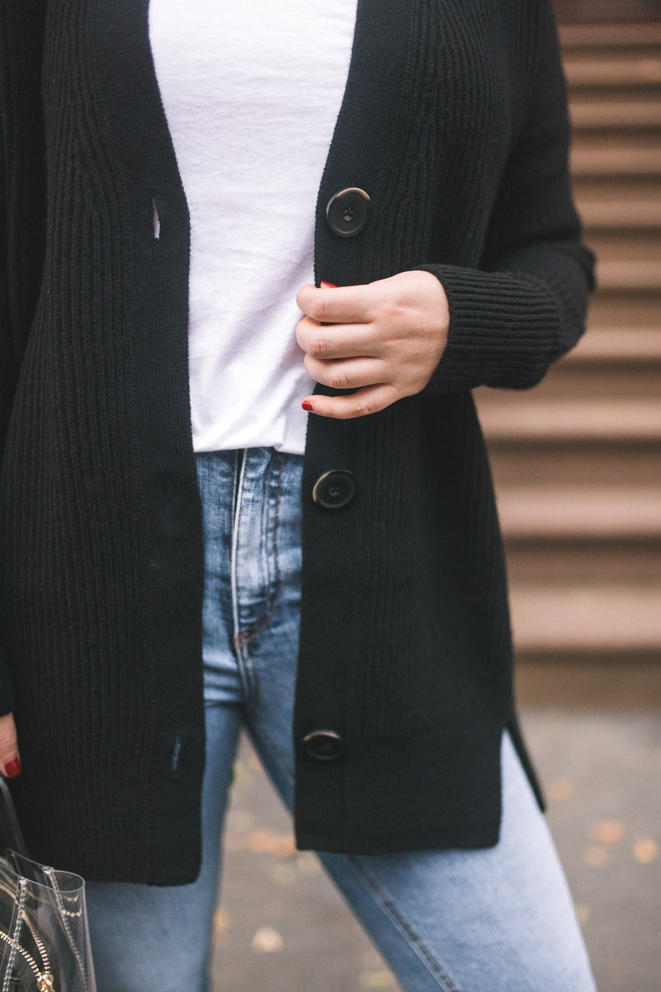 Travel cardigan paired with leggings, illustrating a comfortable and versatile outfit combination perfect for travel days.