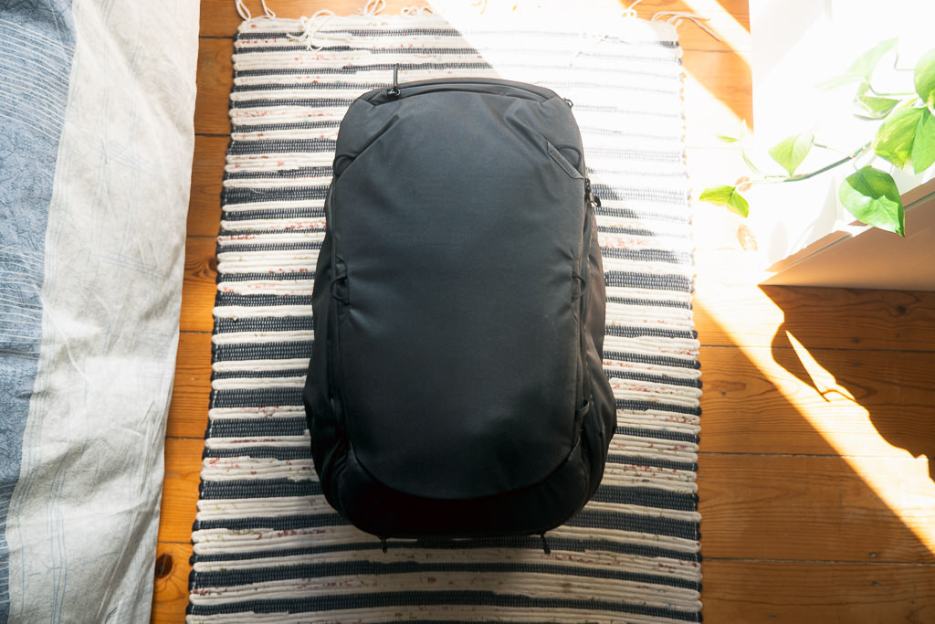 Traveler holding the Peak Design 45L Travel Backpack in a sunny outdoor setting, highlighting its portability and style for urban and light outdoor travel.
