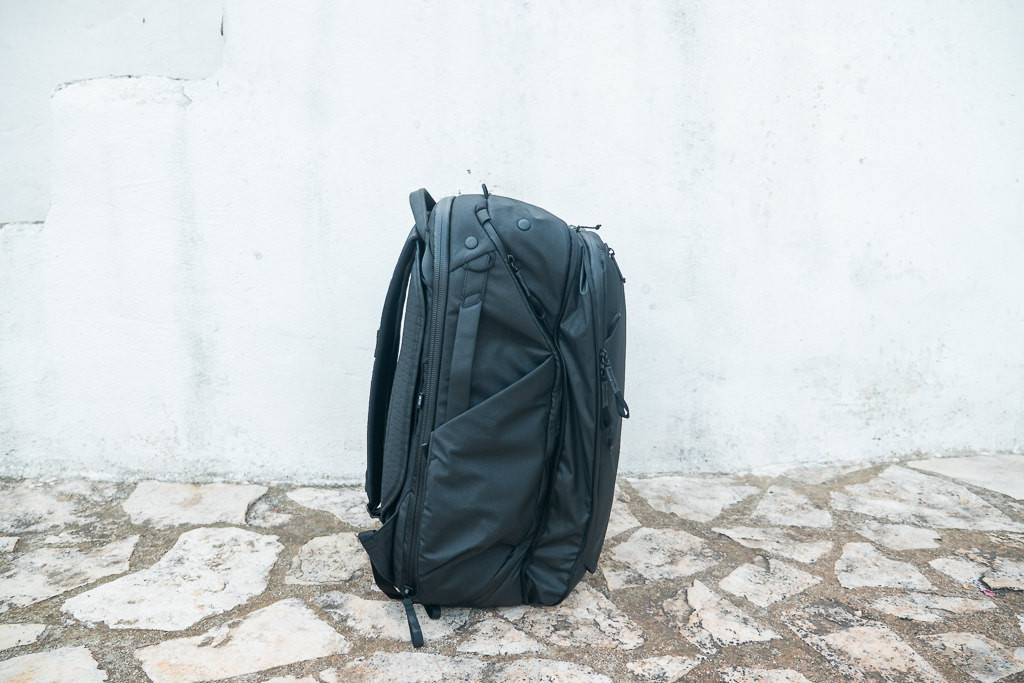 Comparison shot of the Peak Design 45L and 30L Travel Backpacks side-by-side, visually demonstrating the size difference and similar design language.