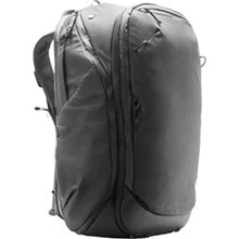 Front view of the Peak Design 45L Travel Backpack in grey, showcasing its sleek design and versatile straps.