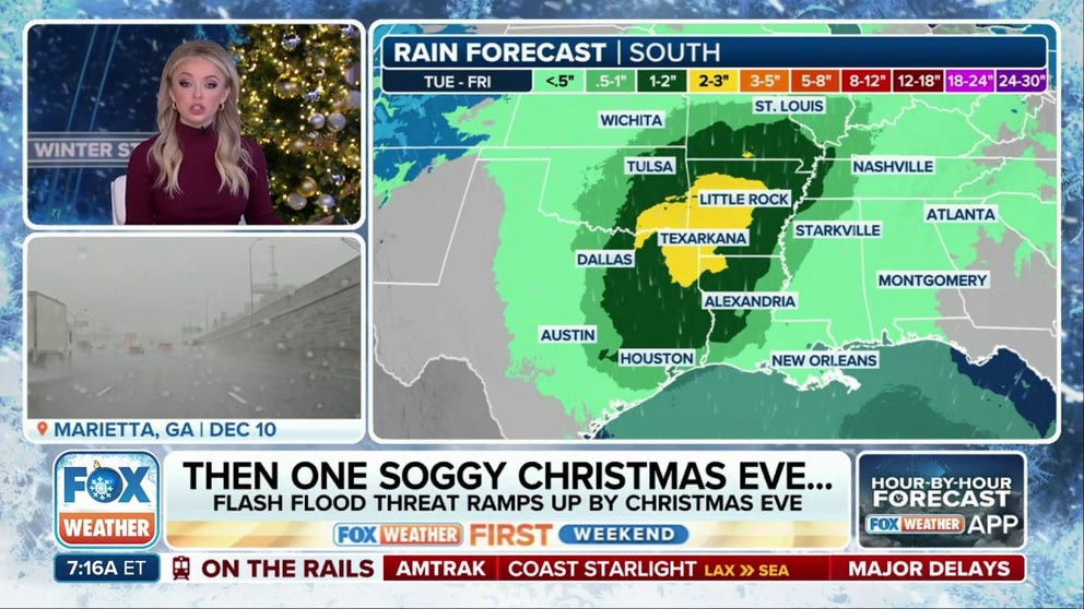 A video thumbnail featuring Kendall Smith discussing the flood threat across the Southern United States during Christmas week, emphasizing the impact of heavy rainfall on holiday travel.