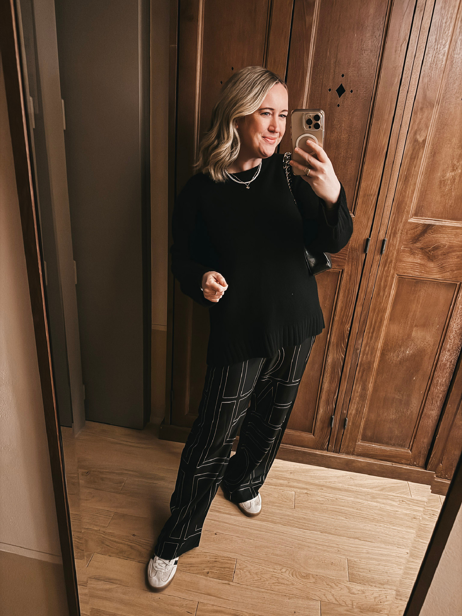 Satin Toteme Pants with Oversized Sweater Travel Outfit