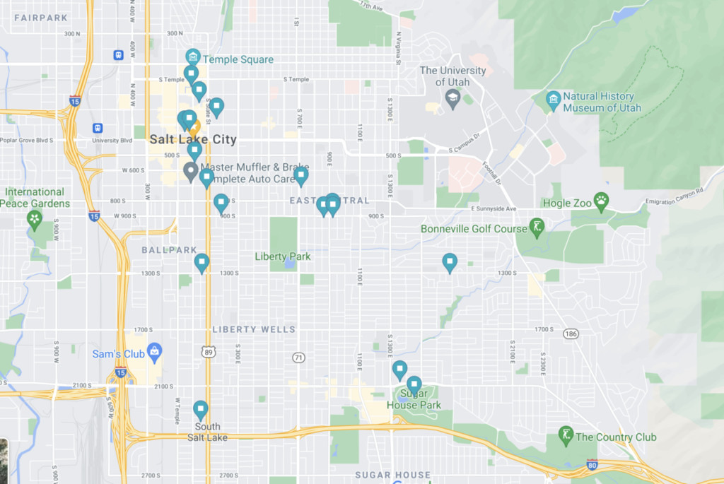 Screenshot of a Google Maps list, visually representing the collection of recommended places in Utah.