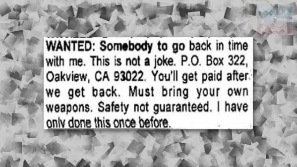 Newspaper advertisement from 1997 offering time travel, a symbolic time travel image