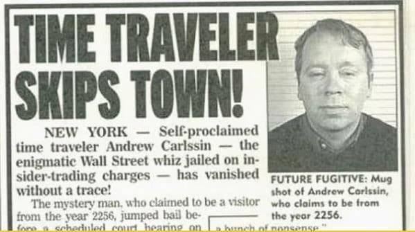 Newspaper clipping about Andrew Carlssin, the alleged time traveler who vanished