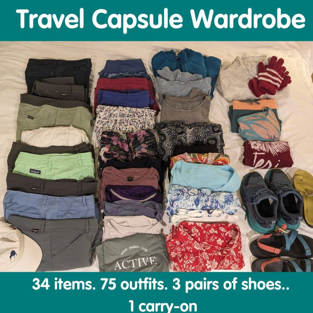 Visual representation of a travel capsule wardrobe, showcasing various clothing items neatly packed in a carry-on bag for versatile travel outfits.