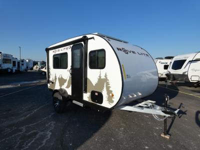 Exterior view of a Travel Lite Rove Lite 14FLEV travel trailer, showcasing its compact and lightweight design ideal for couples or small families.