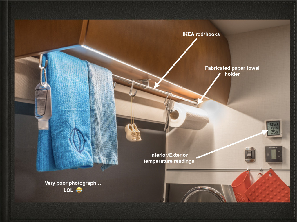 Unity U24CB galley enhancements with IKEA rods and paper towel holder