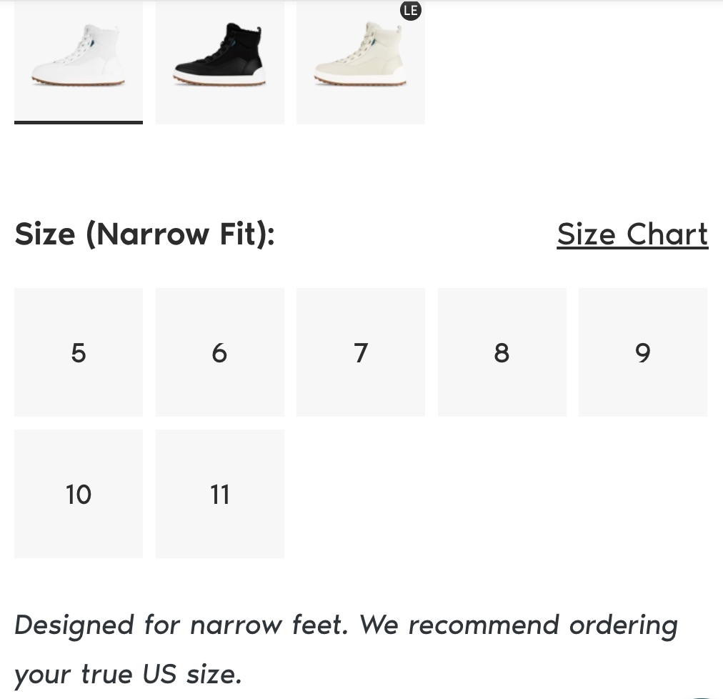 Screenshot of Vessi product page showing available sizes in full sizes only.