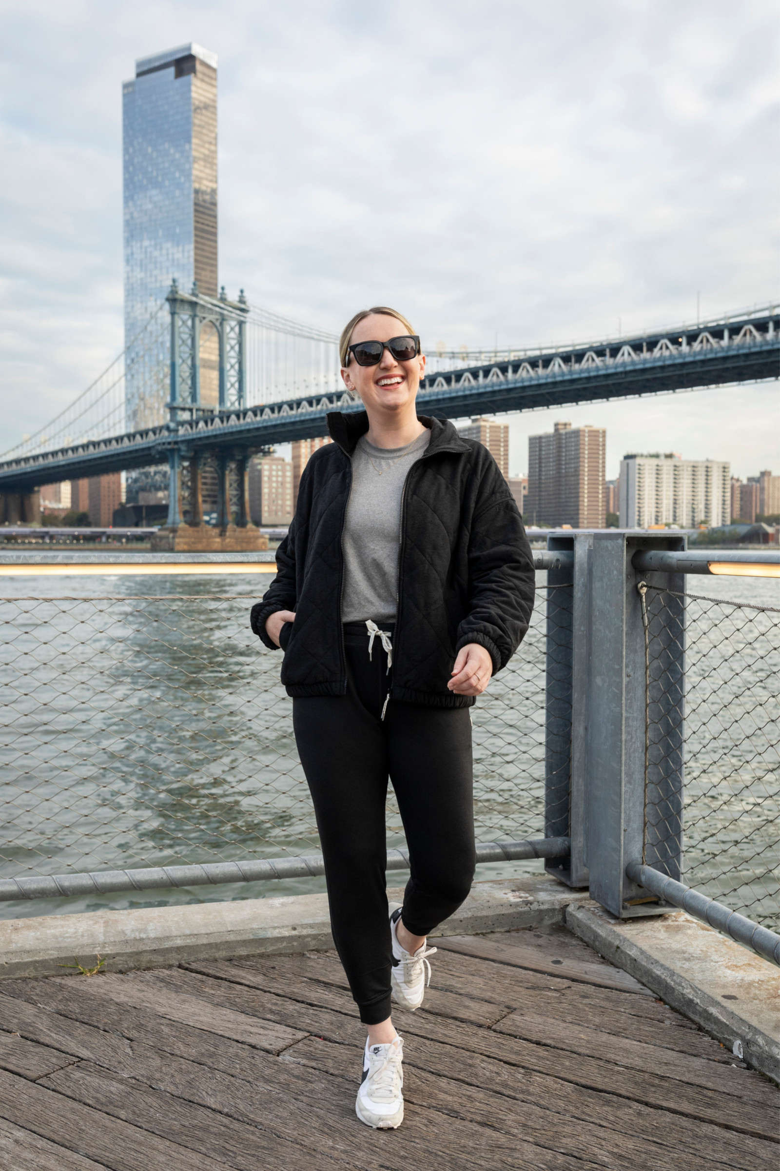 Vuori joggers as part of a travel outfit, highlighting joggers as a soft and comfortable pant choice for casual travel days.