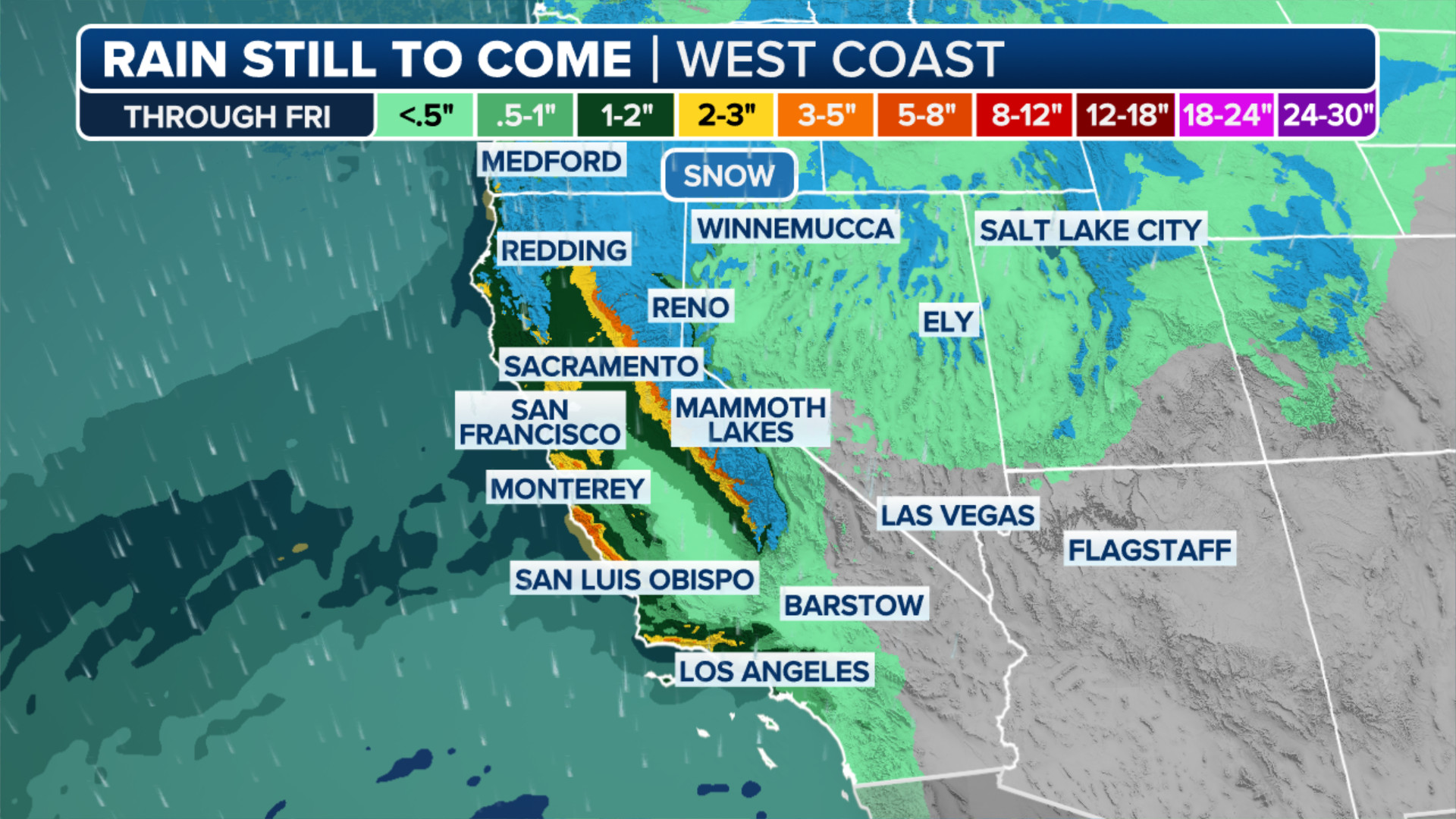 A map showing rainfall accumulation forecast across the Western United States, indicating potential for heavy rain and flooding in the region during the holiday travel period.