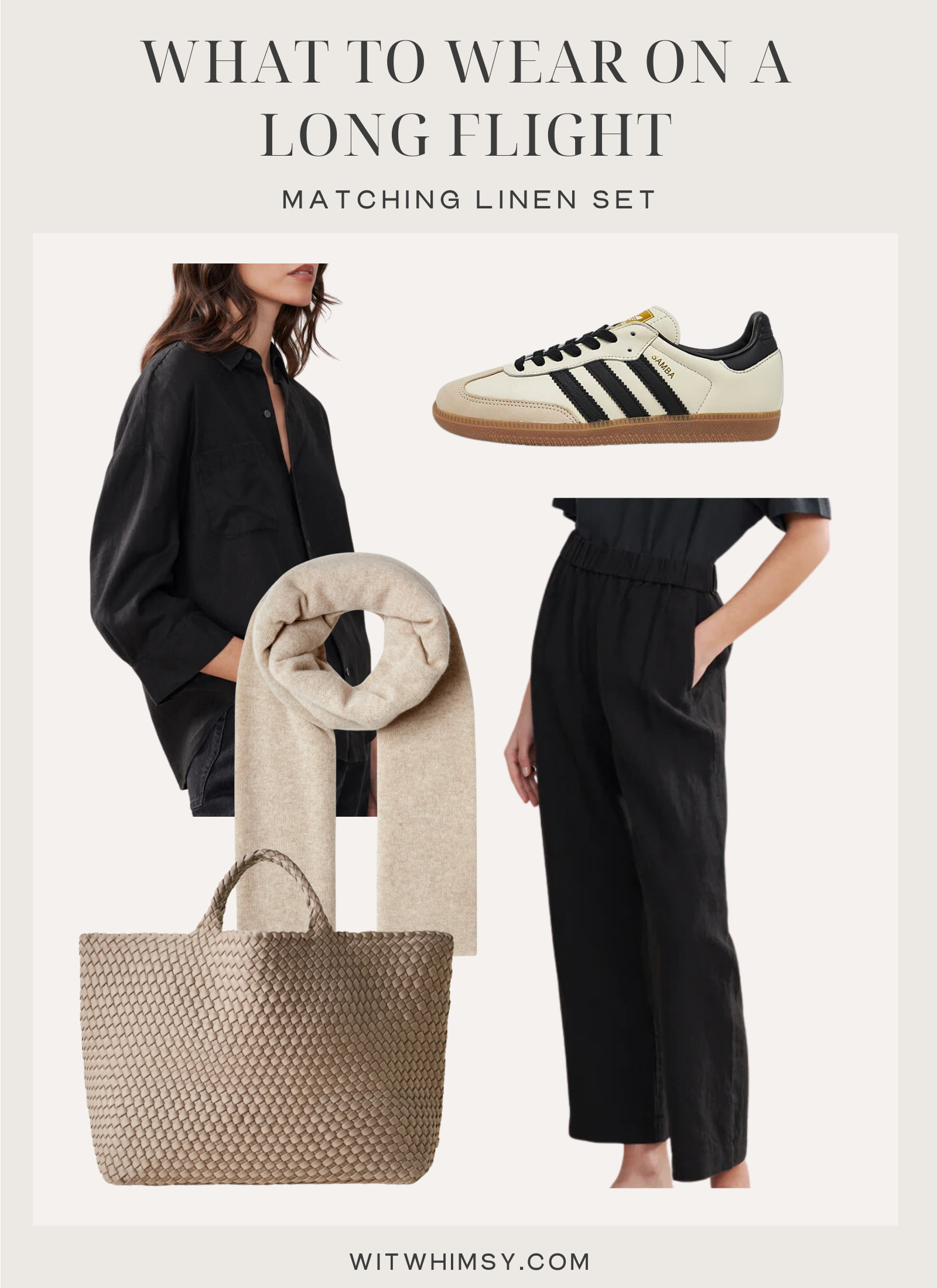 Travel attire featuring a linen set, showcasing a lightweight and breathable option ideal for summer travel and warmer destinations.