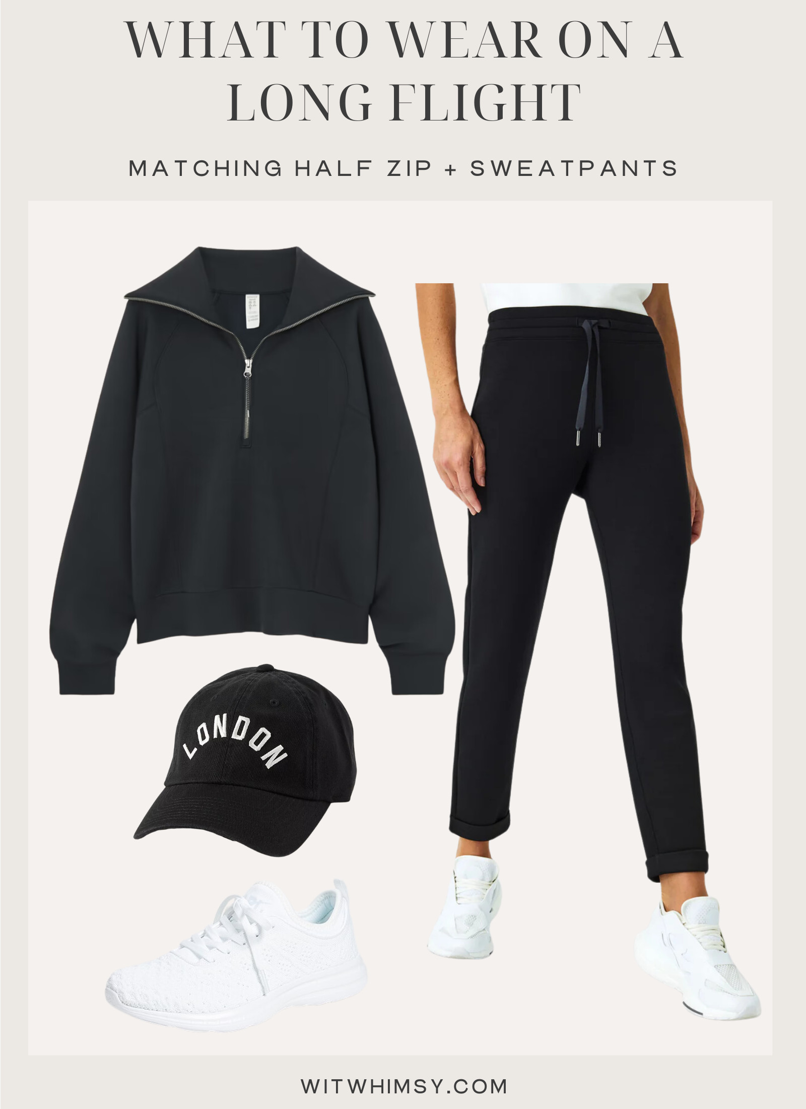 Woman wearing a matching half-zip set, demonstrating a sporty and stylish coordinated outfit suitable for comfortable air travel.