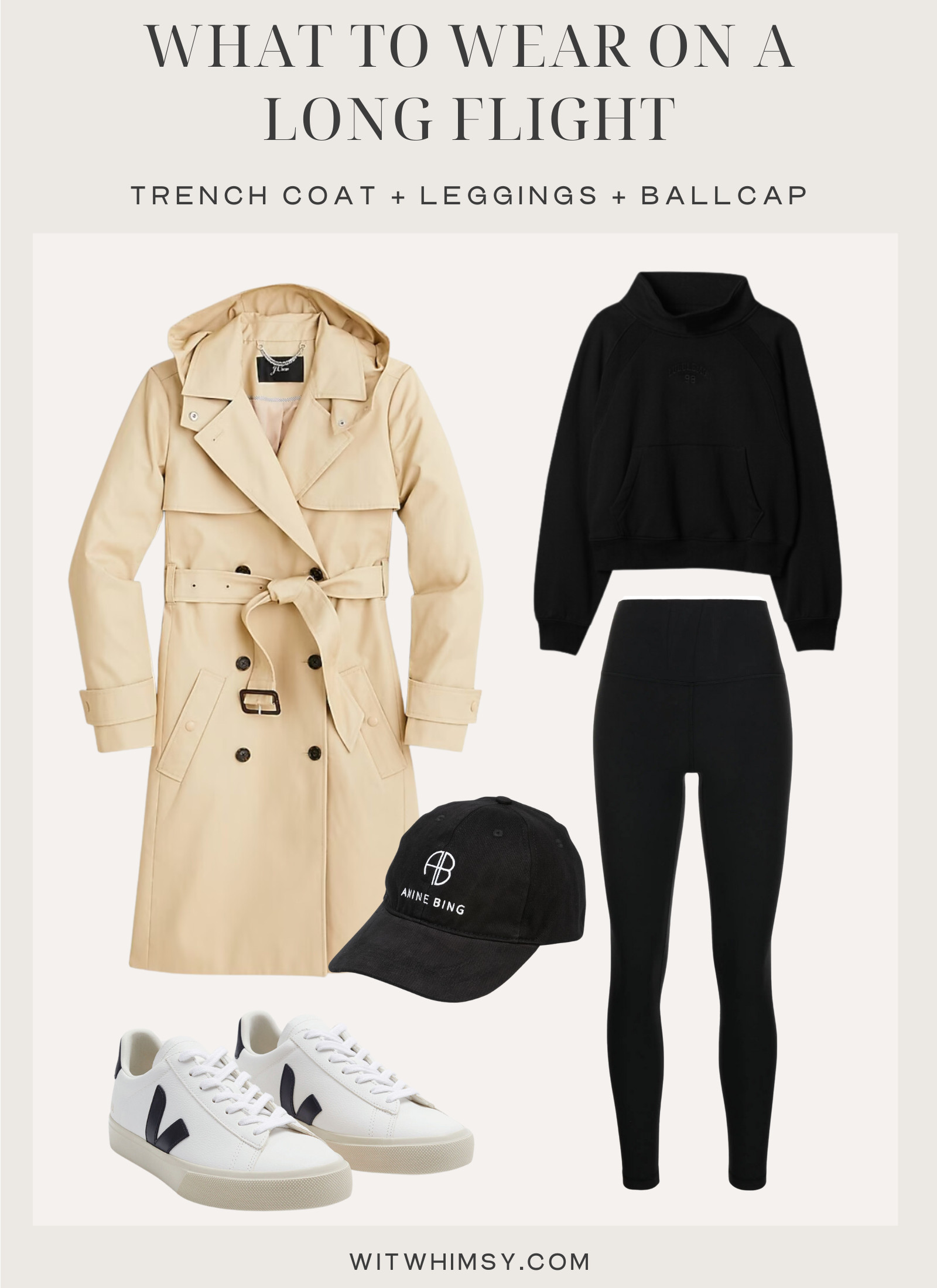 Athleisure outfit with a trench coat and ball cap, demonstrating a sporty yet stylish travel look with a street style vibe.