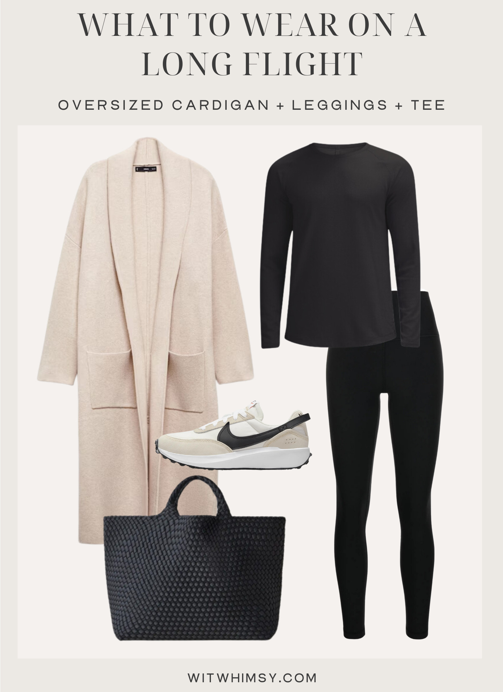 Travel attire featuring an oversized cardigan (coatigan) layered over leggings and a tee, blending style and comfort for air travel.