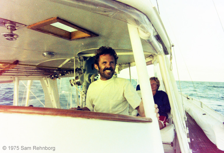 Vintage photo of Firebird travel: A father and daughter sailing on the Pacific Ocean in December 1975, embarking on a global adventure.