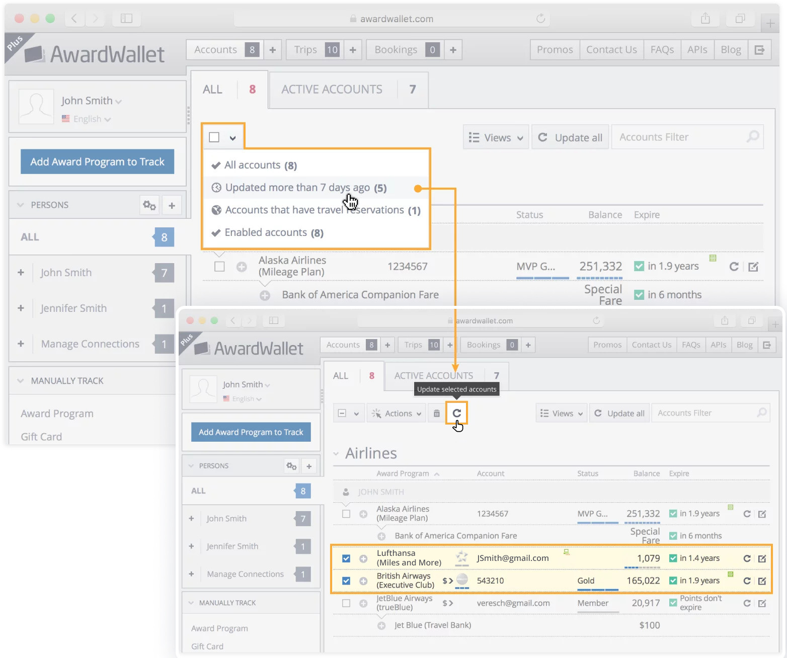 Composite screenshot demonstrating how to manually update accounts in AwardWallet.