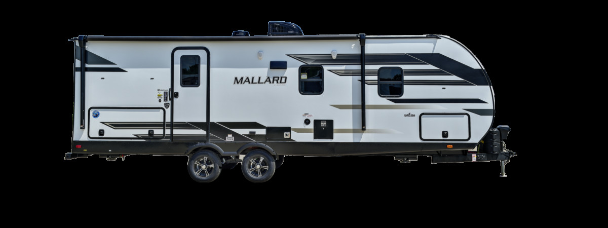 Heartland RV Mallard trailer preview, showcasing its stylish design against a blue sky and green trees.
