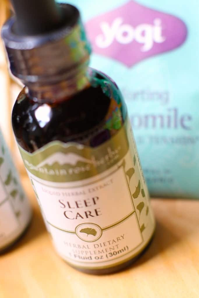 Sleep support tincture in a brown glass bottle with dropper