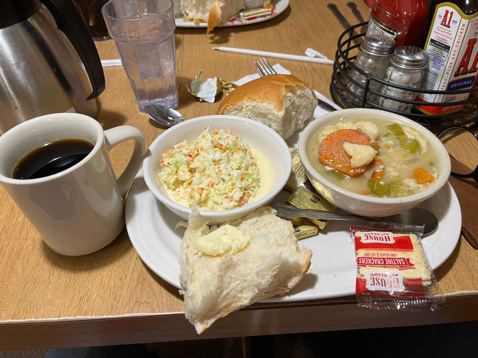 Bowl of chicken dumpling soup at Pine Cone Travel Plaza