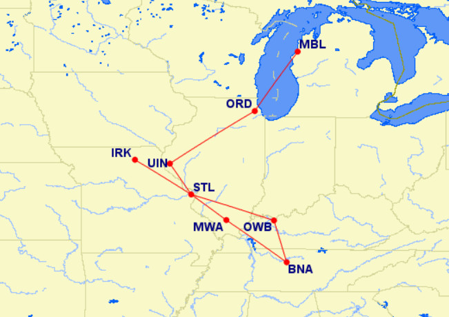 Map outlining AAdvantage miles redemption route options for Cape Air within the United States.