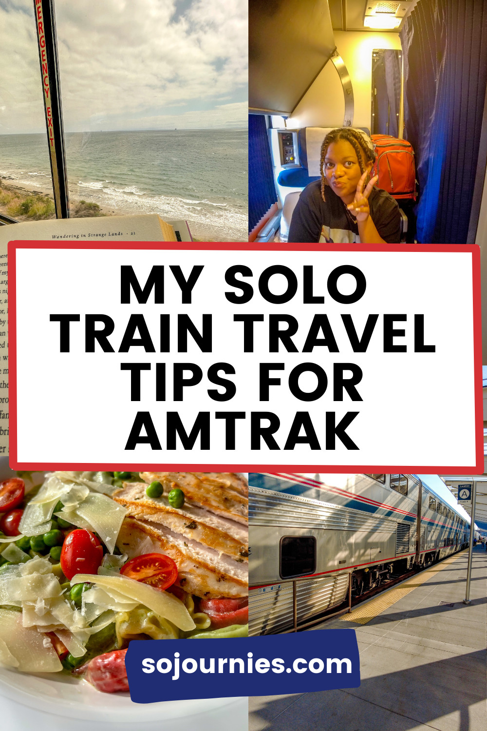 Amtrak travel packing tips for a train journey, including a backpack, book, headphones, and snacks.