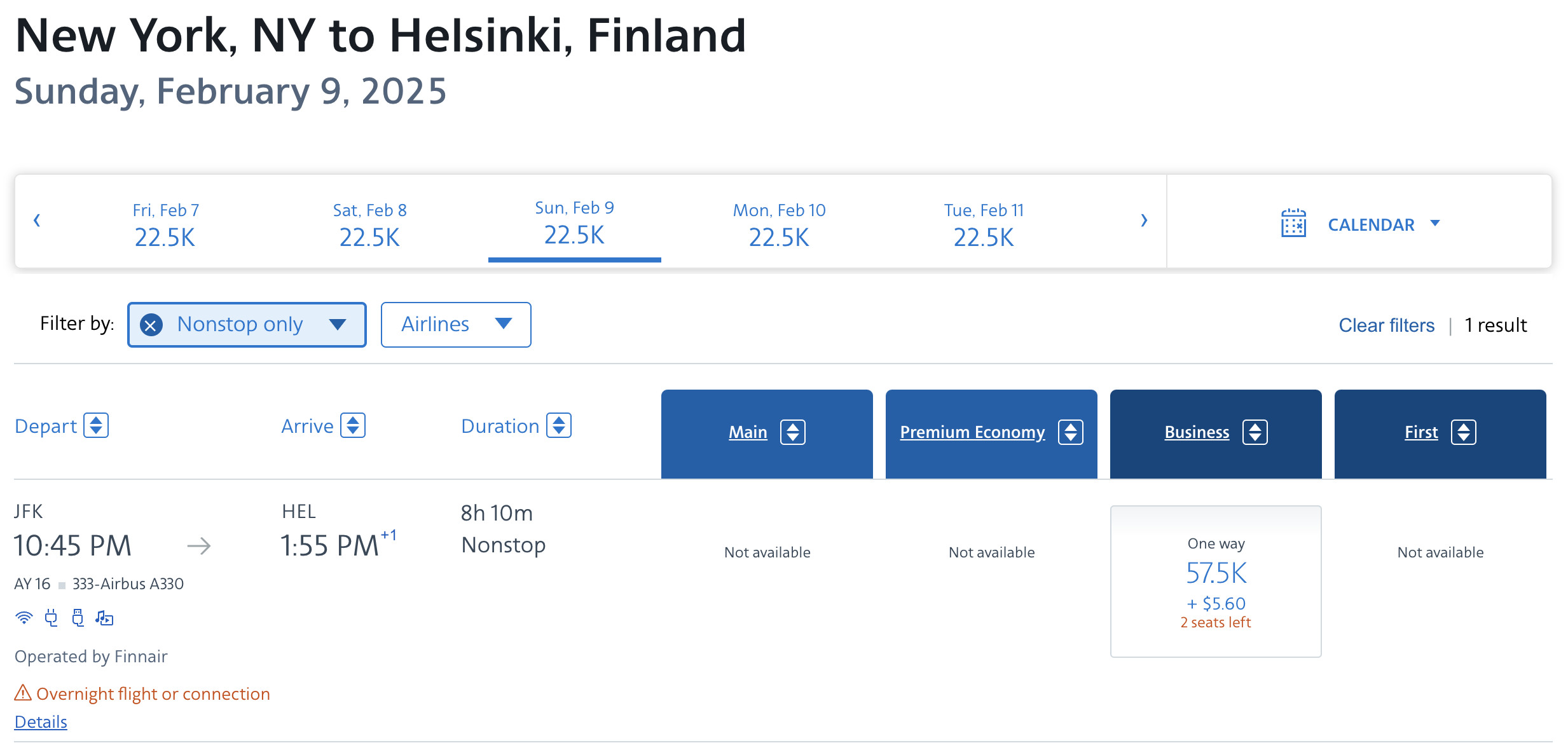 Finnair award flight from JFK to HEL bookable with AA miles, illustrating transatlantic Scandinavian travel.