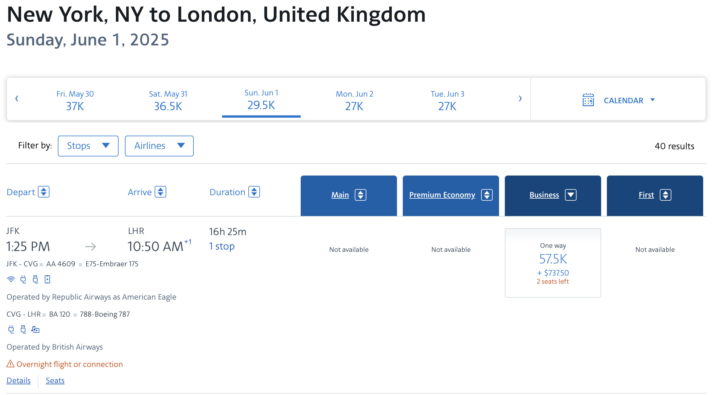 British Airways award flight from JFK to LHR bookable with AA miles, showcasing transatlantic travel options.