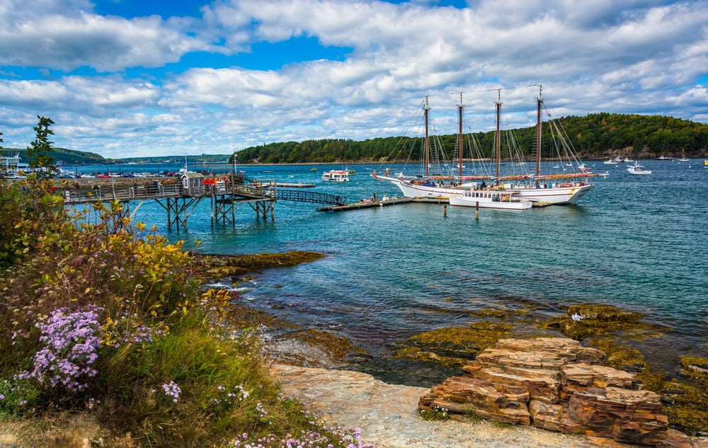Vibrant Bar Harbor in the Summer season with boats docked at the harbor