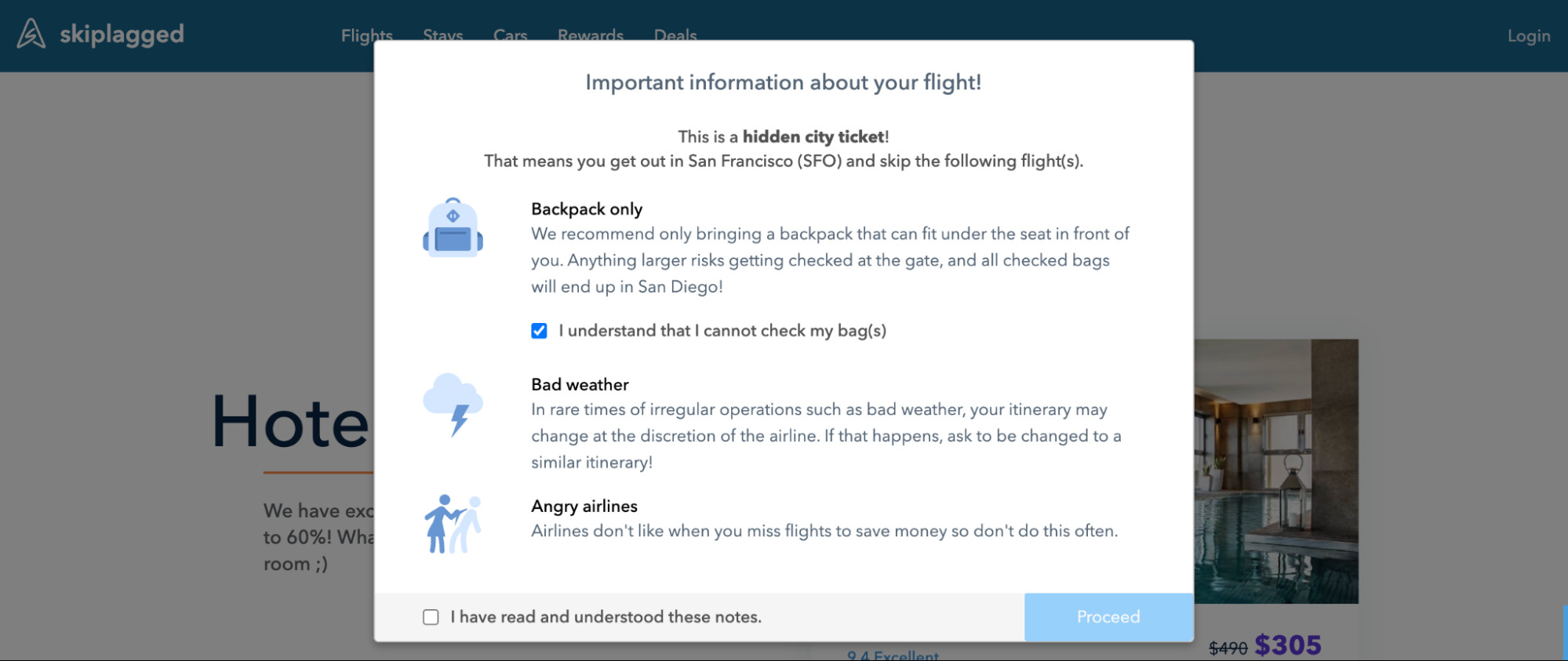 Skiplagged Website Interface Displaying a Skiplagged Flight Itinerary