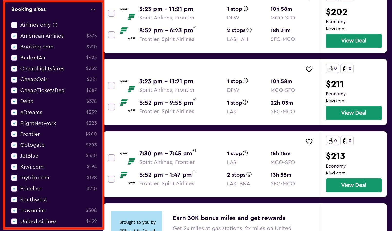 Momondo Website Interface Showing Flight Search Results and Filters