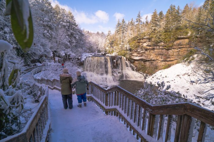 Winter scene of Blackwater Falls cascading in West Virginia