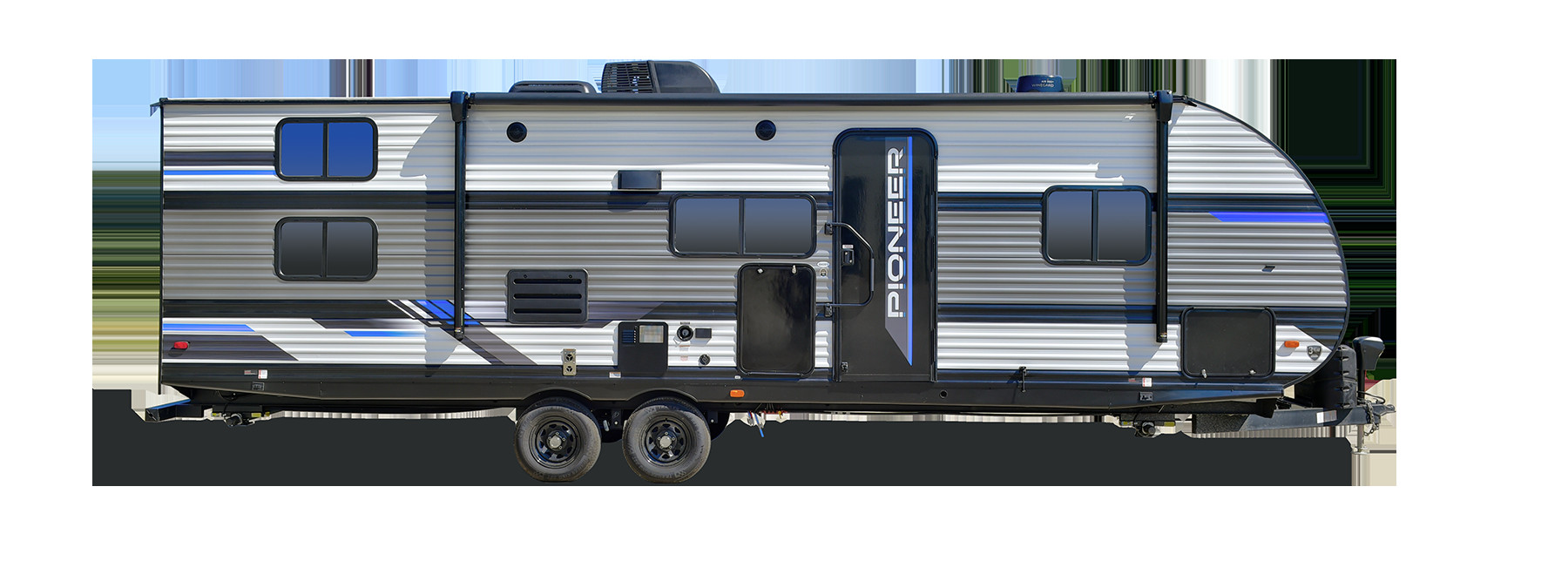 Heartland Pioneer travel trailers lined up, displaying a range of models and layouts for different camping needs.