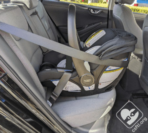 Britax Willow car seat installed without the base, demonstrating the baseless installation method using the vehicle seat belt.