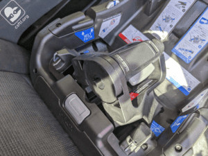 Britax Aspen ClickTight mechanism closeup, providing a detailed view of the ClickTight system and its components for vehicle seat belt installation.