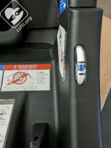 Britax Willow recline angle indicator, clearly showing the blue marker and lines that ensure proper recline angle for safe infant positioning.
