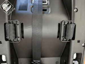 Britax Willow hip harness slots detail, clearly showing the inner and outer harness slot options for customized fit as the baby grows.