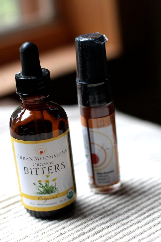 Bitters formula for digestion in a brown glass bottle