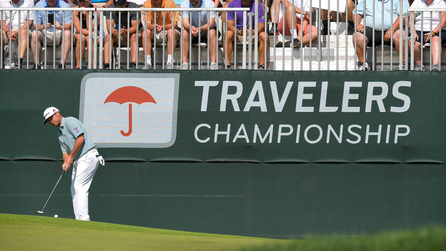 Chez Reavie, winner of the 2019 Travelers Championship, hitting a wedge shot.