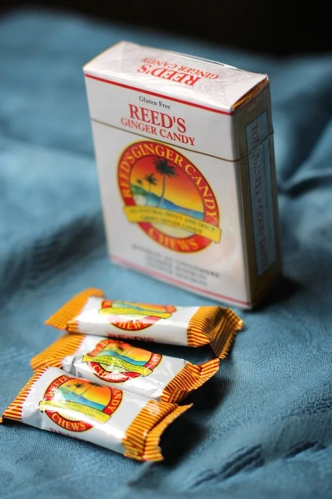 Candied ginger drops in a clear plastic bag