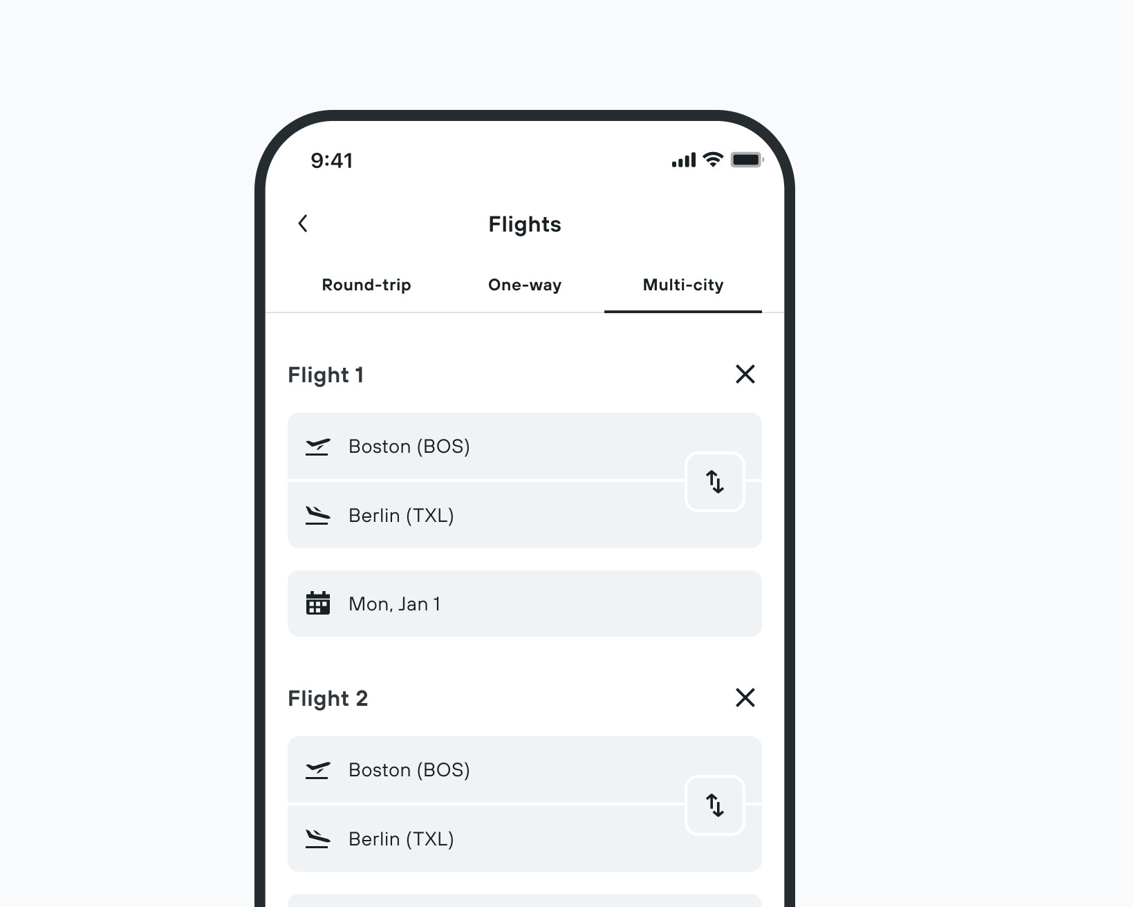 Screenshot of a multi-city flight search interface