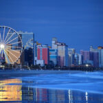 Myrtle Beach coastline view with hotels and blue sky